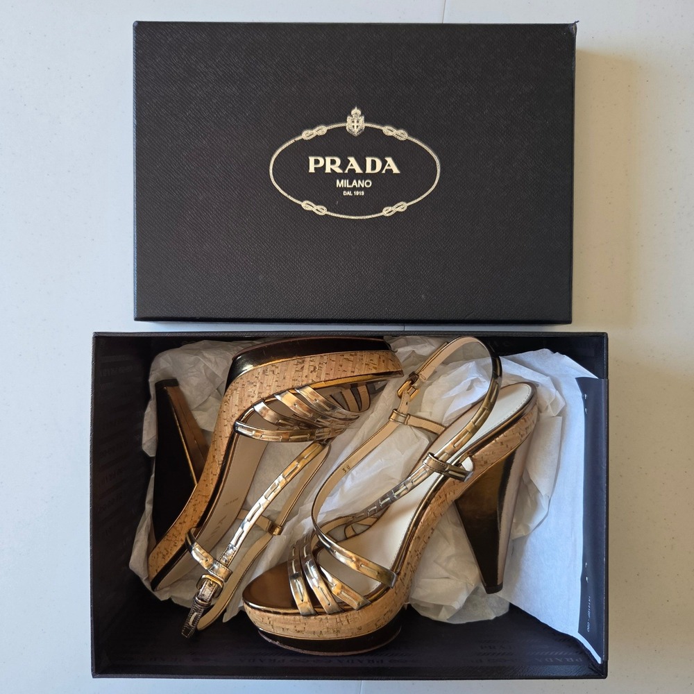 Prada Bronze Metallic Leather Cork Platform Slingback Heels Capretto Lame' Sz 38